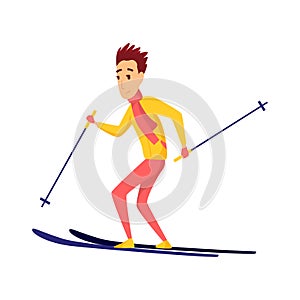 Vector men skier. Male skiing design element isolated on white background. Winter sportsman on ski resort. Winter sport