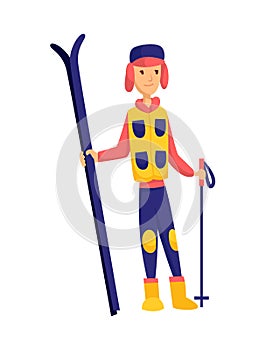 Vector men skier. Male skiing design element isolated on white background. Winter sportsman on ski resort. Winter sport