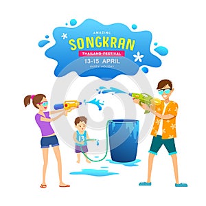 Vector men, women and children playing water guns on Happy Songkran Day