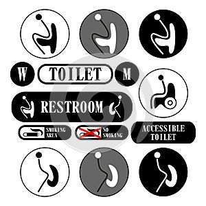 Vector men and women, disabled restroom sign set. Black silhouettes of people. Vector toilet icons
