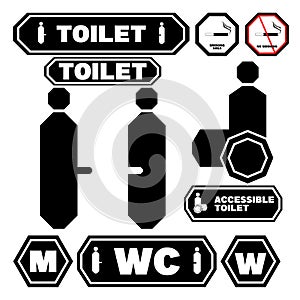 Vector men and women, disabled restroom sign set. Black silhouettes of people. Vector toilet icons