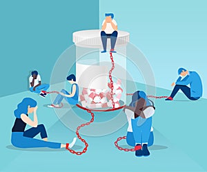 Vector of people opioid addicts chained to the bottle of painkiller pills photo