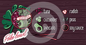 Vector menu of fish and seafood poke bowl. Illustrations of a lunch of Hawaiian cuisine with lettering. Salmon, tuna, shrimp,