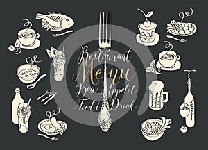 Restaurant menu with fork and sketches of dishes
