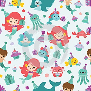 Vector Mermaid Birthday Sea Friends Seamless Pattern Background