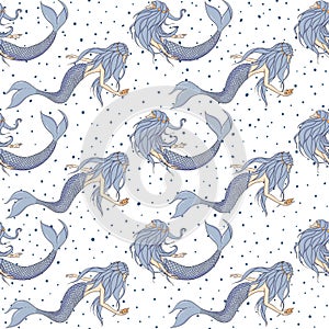 Vector mermaids seamless pattern. Mythical sea creatures on the