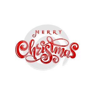 Vector Merry Christmas Calligraphic Inscription handwritten decorated lettering red text. Holidays design greeting card