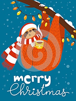 Vector Merry Christmas card with cute funny sloth with coffee cup