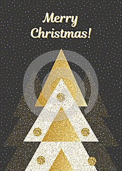 Vector Merry Christmas card with geometric fir trees. In black, white and gold colors.