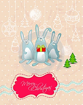 Vector Merry Christmas card with rabbits frame