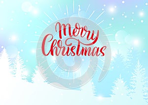 Vector Merry Christmas card on winter forest background.