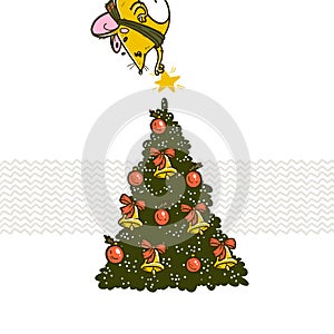 Vector Merry Christmas congratulation concept with hand drawn decorated xmas fir tree and happy mouse character put star on its to