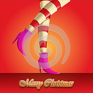 Vector merry christmas greeting card with cartoon elf girls legs and greeting calligraphic text Merry christmas