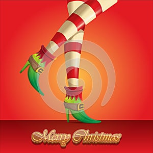 Vector merry christmas greeting card with cartoon elf girls legs and greeting calligraphic text Merry christmas