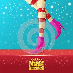 Vector merry christmas greeting card with cartoon elf hot girls legs, falling snow, lights and greeting calligraphic