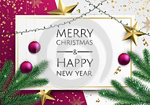 Vector Merry Christmas And Happy New Year background with golden star, balls, fir tree branches, snowflakes.