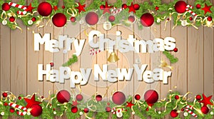 Vector of a Merry Christmas and Happy New Year with a background of wood texture