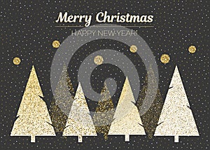 Vector merry Christmas and happy New Year design. Horizontal card with Christmas trees in black, gold and white colors.