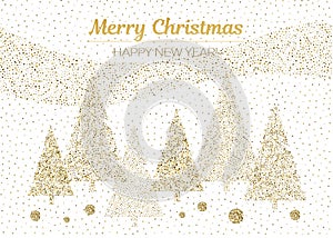 Vector merry Christmas and happy New Year design. Horizontal card with Christmas trees gold and white colors.