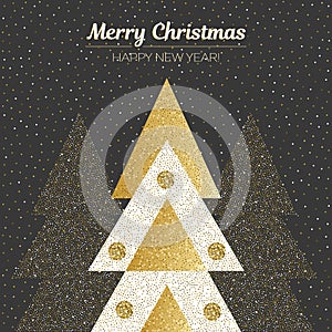 Vector merry Christmas and happy New Year design. Square card with Christmas trees in black, gold and white colors.