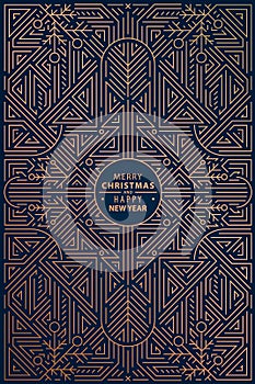 Vector Merry Christmas and Happy New Year golden art deco background, card, banner. Line geometric style on navy blue