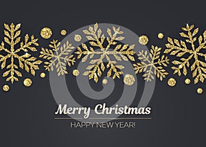 Vector Merry Christmas Happy New Year greeting card design with gold snowflake decoration for holiday season.