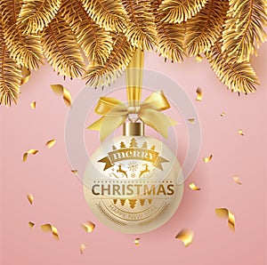 Vector Merry Christmas and happy New Year greeting card with holiday decoration light ball hanging on golden christmas