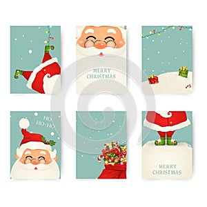 Vector Merry Christmas and Happy New Year greeting card set with cute santa claus designs. Perfect for gift tags, posters, bunners