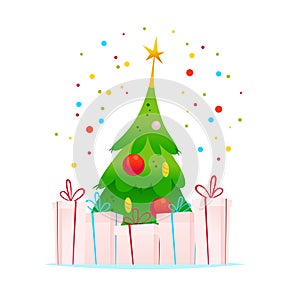 Vector Merry Christmas Happy New year illustration of fir tree, gift boxes and confetti isolated on white background.