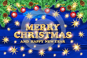 Vector Merry Christmas Illustration with 3d Typography Design and Holiday Light Garland on Shiny Blue Background. Happy New Year D