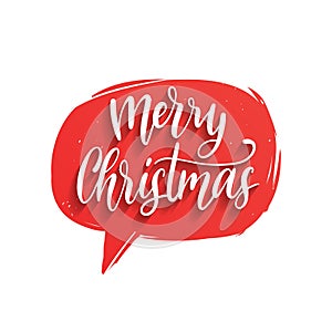 Vector Merry Christmas lettering in speech bubble. Nativity typography. Happy Holidays greeting card, poster template.