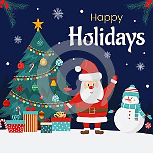 Vector merry Christmas and New Year poster, greeting card template. Invitation on Christmas party. Christmas tree, santa
