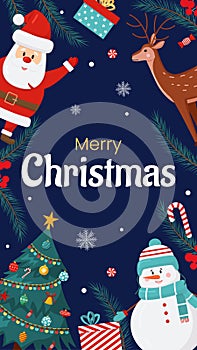 Vector merry Christmas and New Year poster, greeting card template. Invitation on Christmas party. Christmas tree, santa