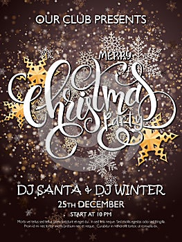 Vector merry christmas party poster with lettering word - christmas , golden stars and snowflakes on shiny snow