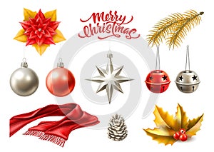 Vector merry christmas realistic symbols, toys set