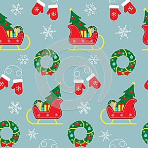 Vector Merry Christmas seamless pattern on retro blue winter background