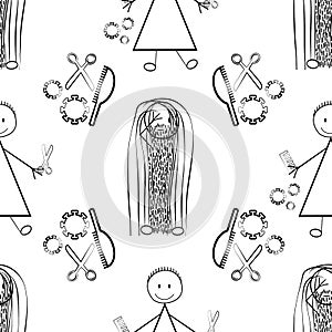 Vector messy hair and beard figures Covid 19 seamless pattern. Funny stick men and women drawing with outgrown styles
