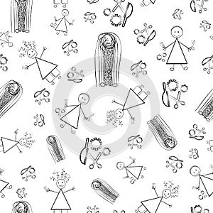 Vector messy hair and beard figures Covid 19 vector seamless pattern. Funny stick men and women drawing with outgrown