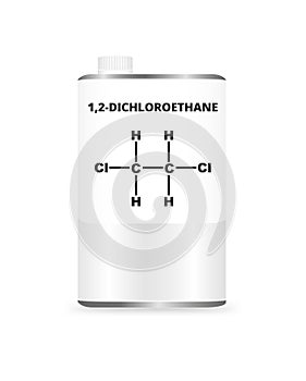 Vector metal liquid container can with 1,2-Dichloroethane C2H4Cl2. Illustration of aliphatic chemical solvent.