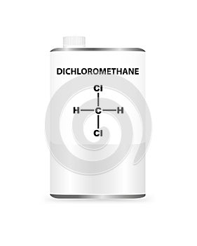 Vector metal liquid container can with dichloromethane. Illustration of a chemical solvent