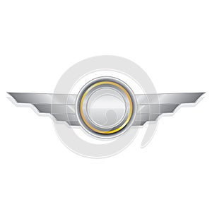 Vector metallic automotive badge on white.
