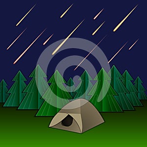 Vector Meteor Rain, Tent and Fir Trees, Shining Meteors on the Sky.