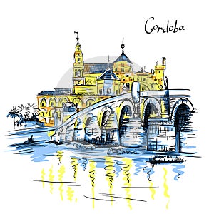 Vector Mezquita and Roman bridge in Cordoba, Spain photo