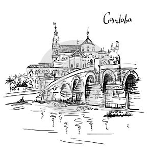 Vector Mezquita and Roman bridge in Cordoba, Spain photo