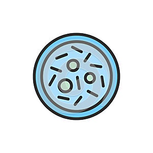 Vector microbe, bacteria, virus in petri dish flat color line icon.