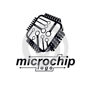 Vector microchip design, cpu. Information communication technology element, circuit board in square shape. Microprocessor scheme