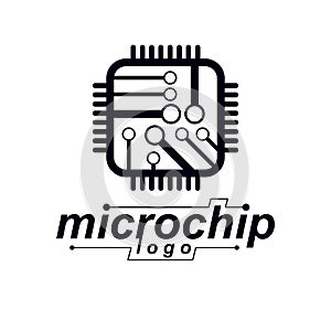 Vector microchip design, cpu. Information communication technology element, circuit board in square shape. Microprocessor scheme