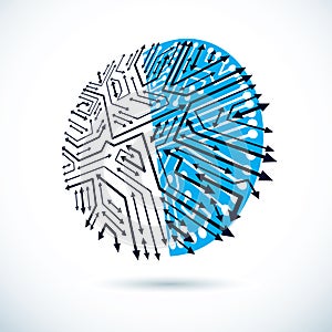 Vector microchip design, cpu. Information communication technology element, circuit board in round shape with arrows.