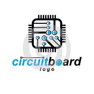Vector microchip design, cpu. Information communication technology element, circuit board in square shape. Microprocessor scheme