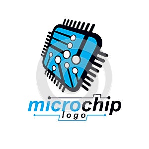 Vector microchip design, cpu. Information communication technology element, circuit board in square shape. Microprocessor scheme